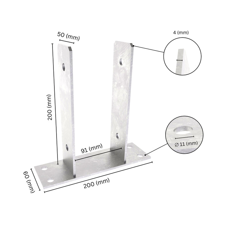 U shape post support bracket with labeled dimensions. 