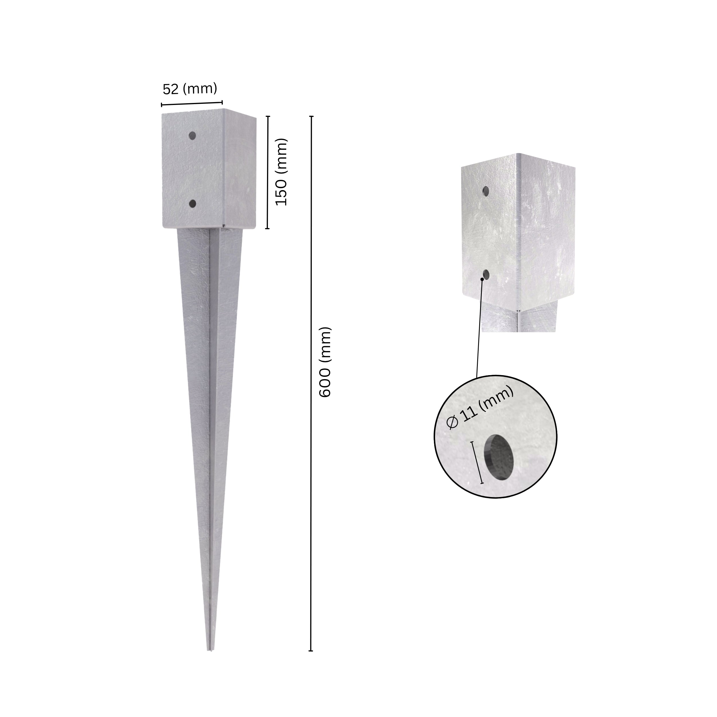Fence post holder support anchor spike with labeled size and dimensions.
