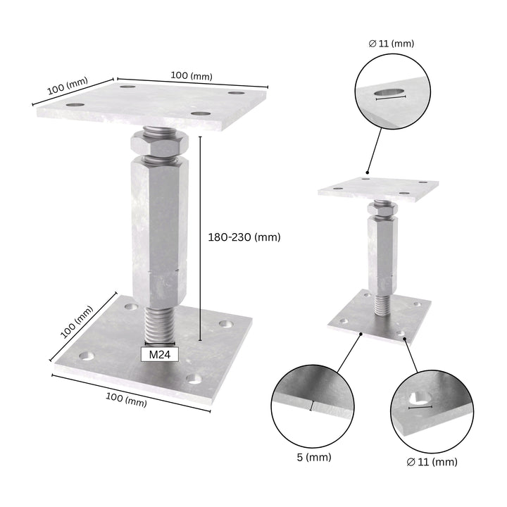 Adjustable elevated post base with labeled size dimensions, showing base plate, long nut, bolt and adjustment range.