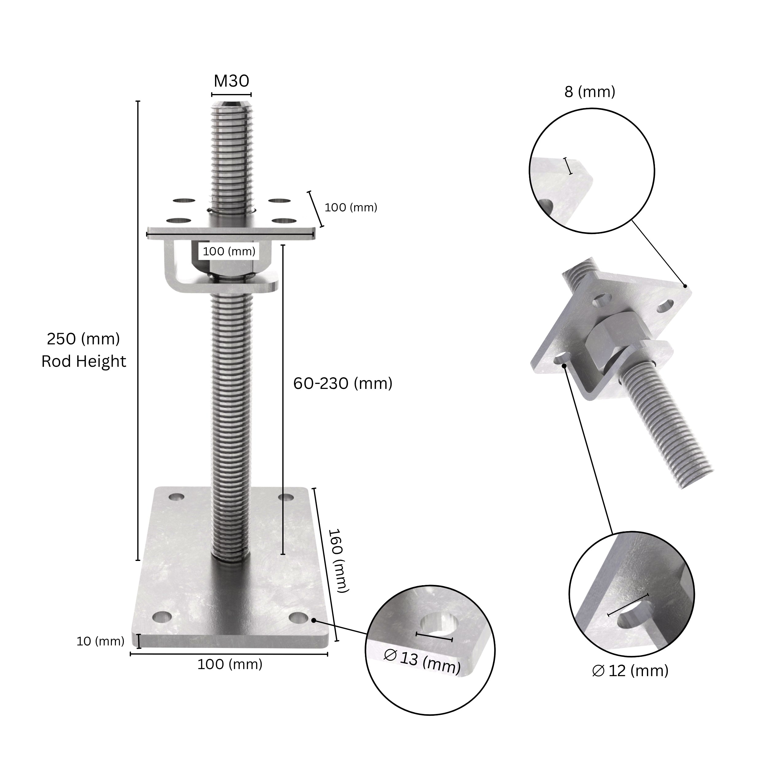 Bolt down height adjustable post support with hook labeled size dimensions.