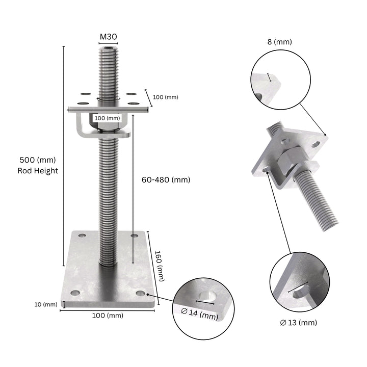 Bolt down height adjustable post support with hook labeled size dimensions.