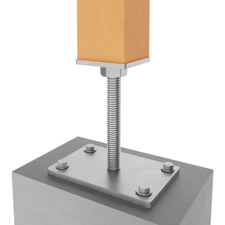 Wooden post mounted on concrete foundation using bolt down height adjustable post support.