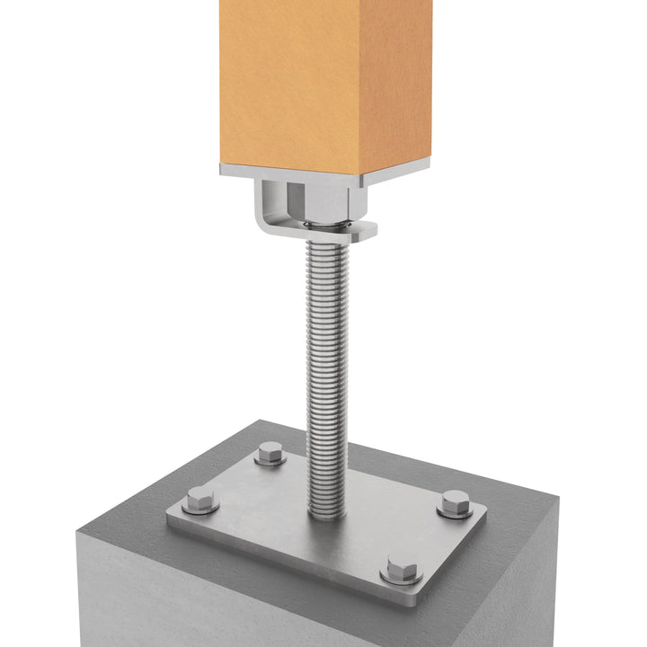 Timber post secured with bolt down height adjustable post support on concrete surface.
