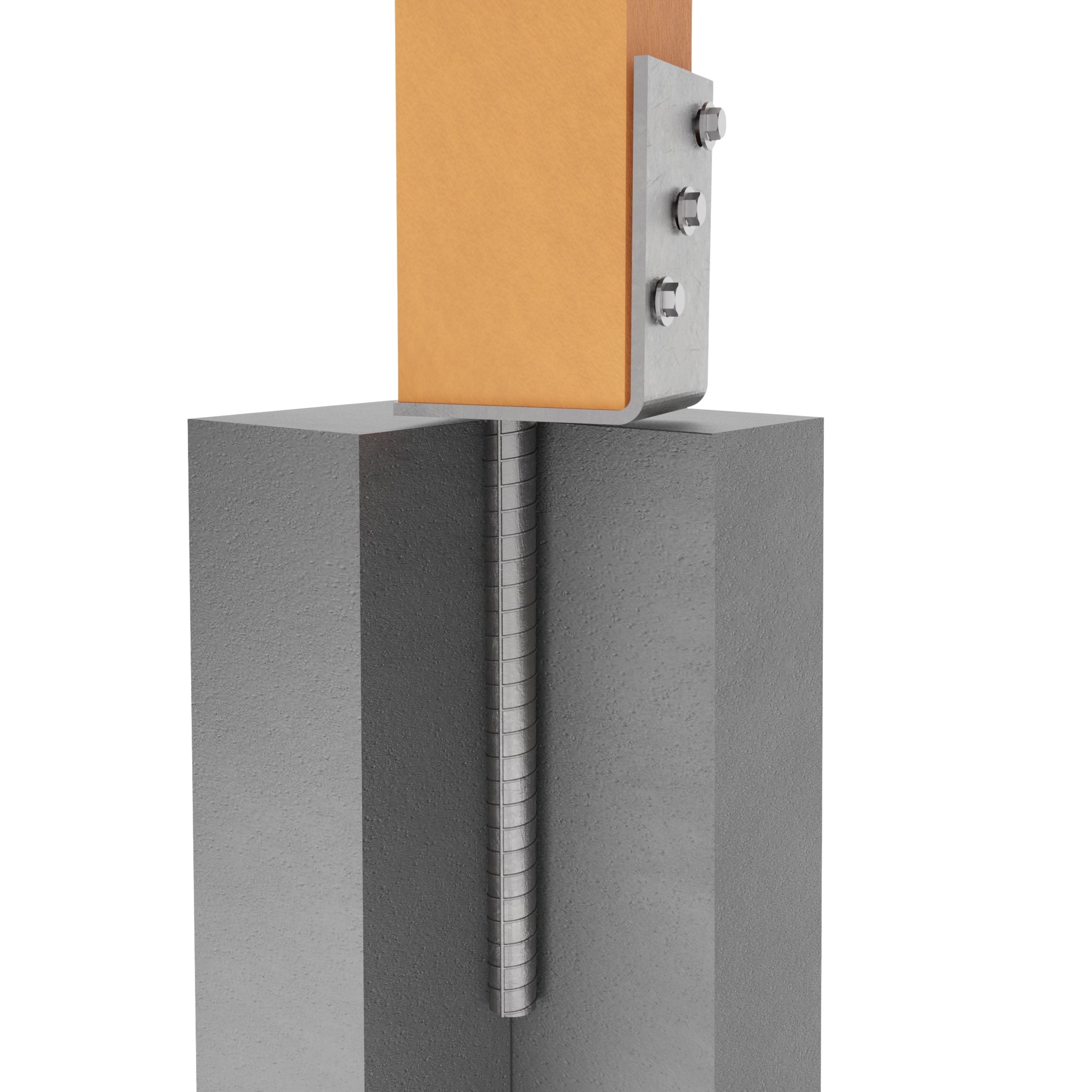 Wooden fence post attached to an L shape concrete post anchor.