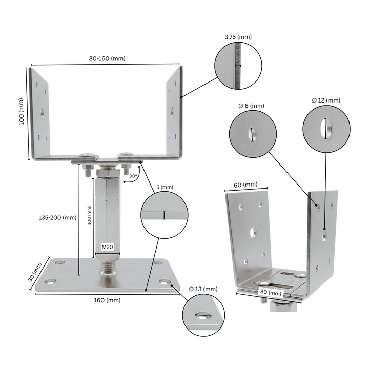 Bolt Down U Post Support Holder | Width & Hight Adjustable