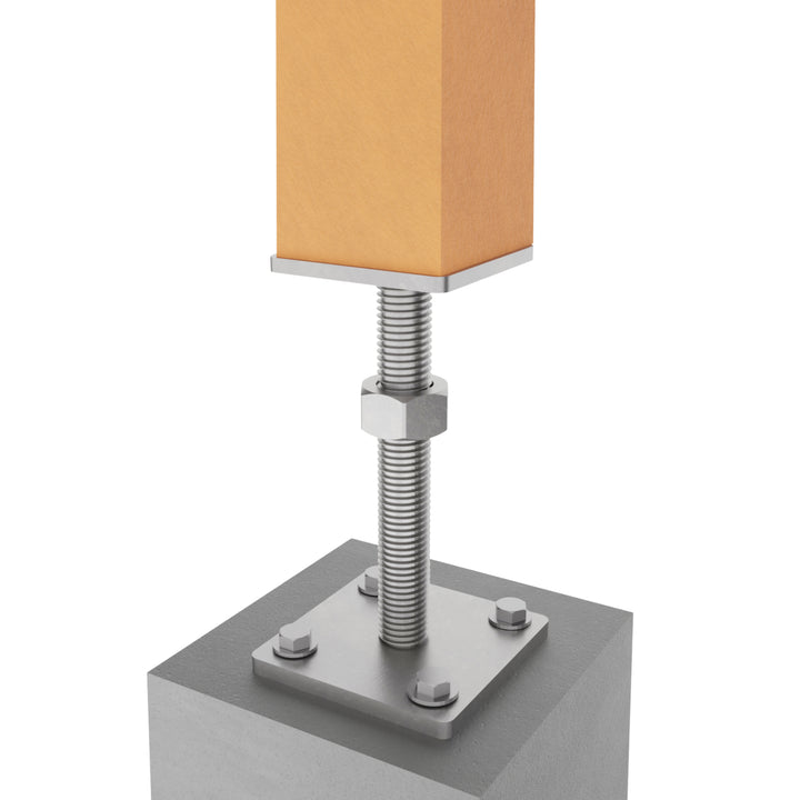 Height-adjustable post support securing a wooden post on a concrete surface.