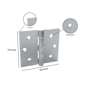 Butt hinge with labeled specifications.