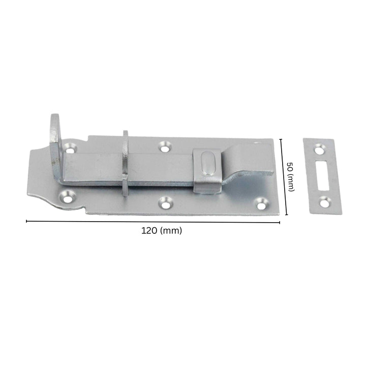 Cranked sliding barrel bolt with labeled dimensions.