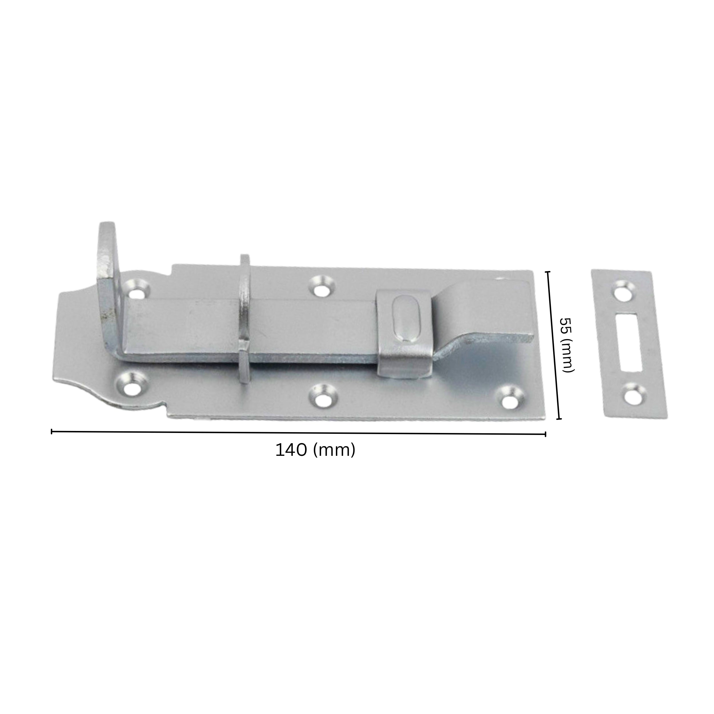 Cranked sliding barrel bolt with labeled dimensions.