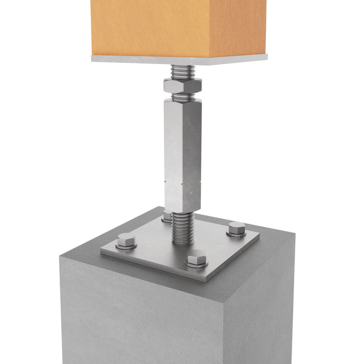 Wooden post attached to bolt down adjustable post base on a concrete surface.