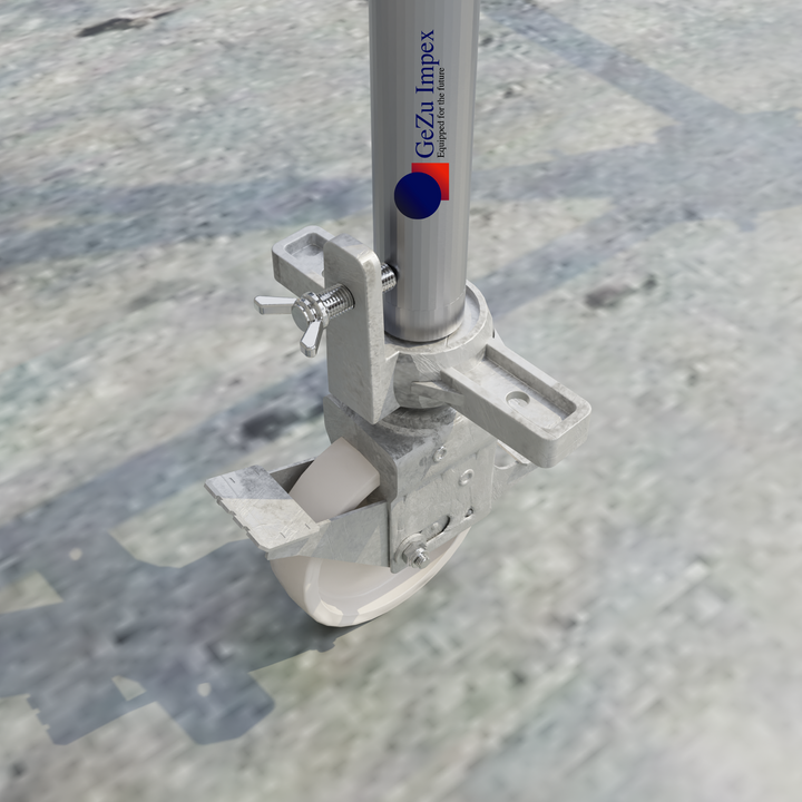 Scaffolding caster wheel with brake attached and locked to a scaffold frame.