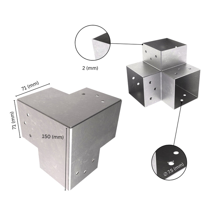 3 way post connector Y shaped showing labeled dimensions, bracket size, length and thickness.