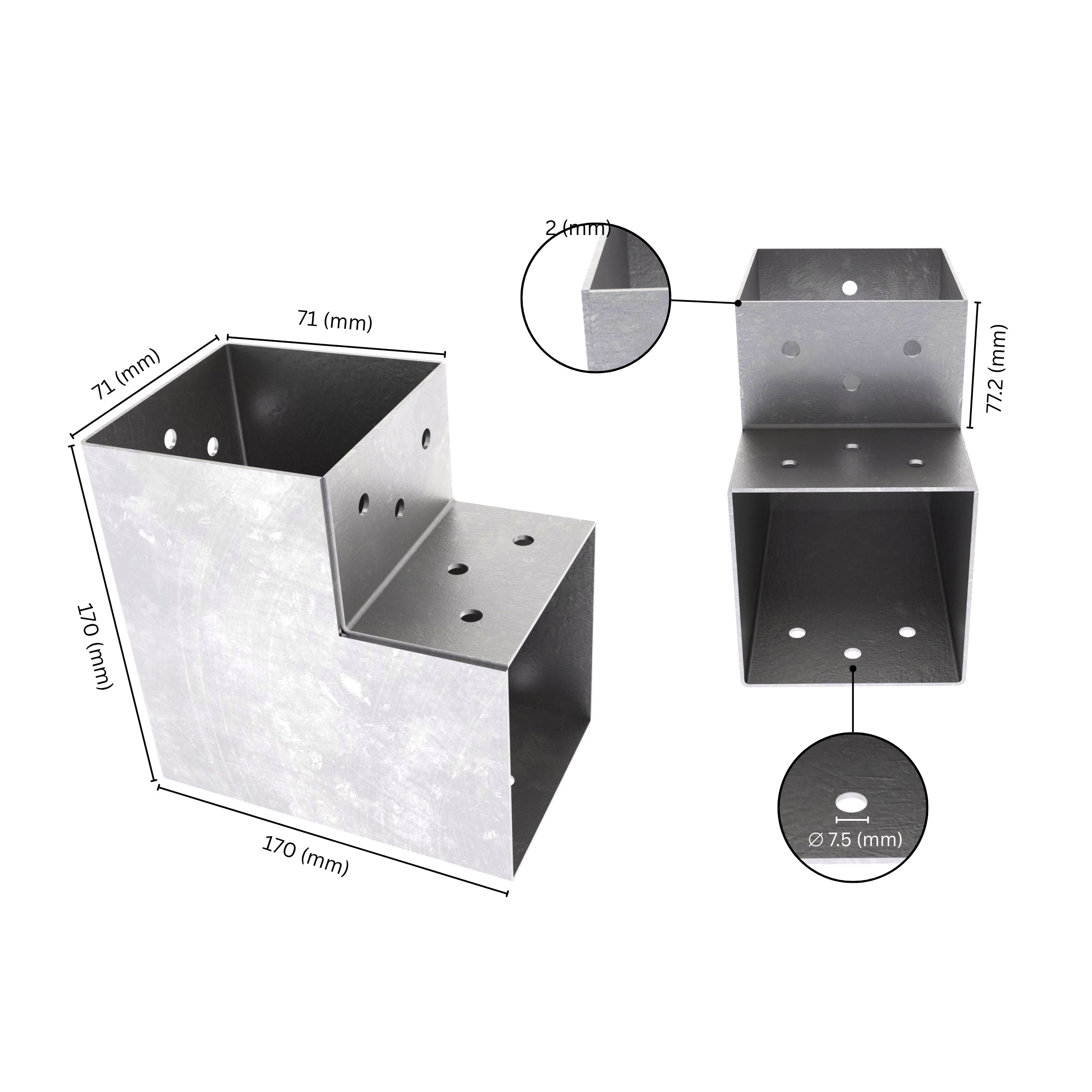 2 way post connector L shaped showing labeled dimensions, bracket size, length and thickness.