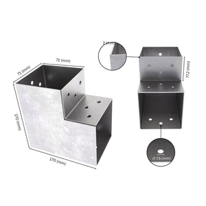 2 way post connector L shaped showing labeled dimensions, bracket size, length and thickness.