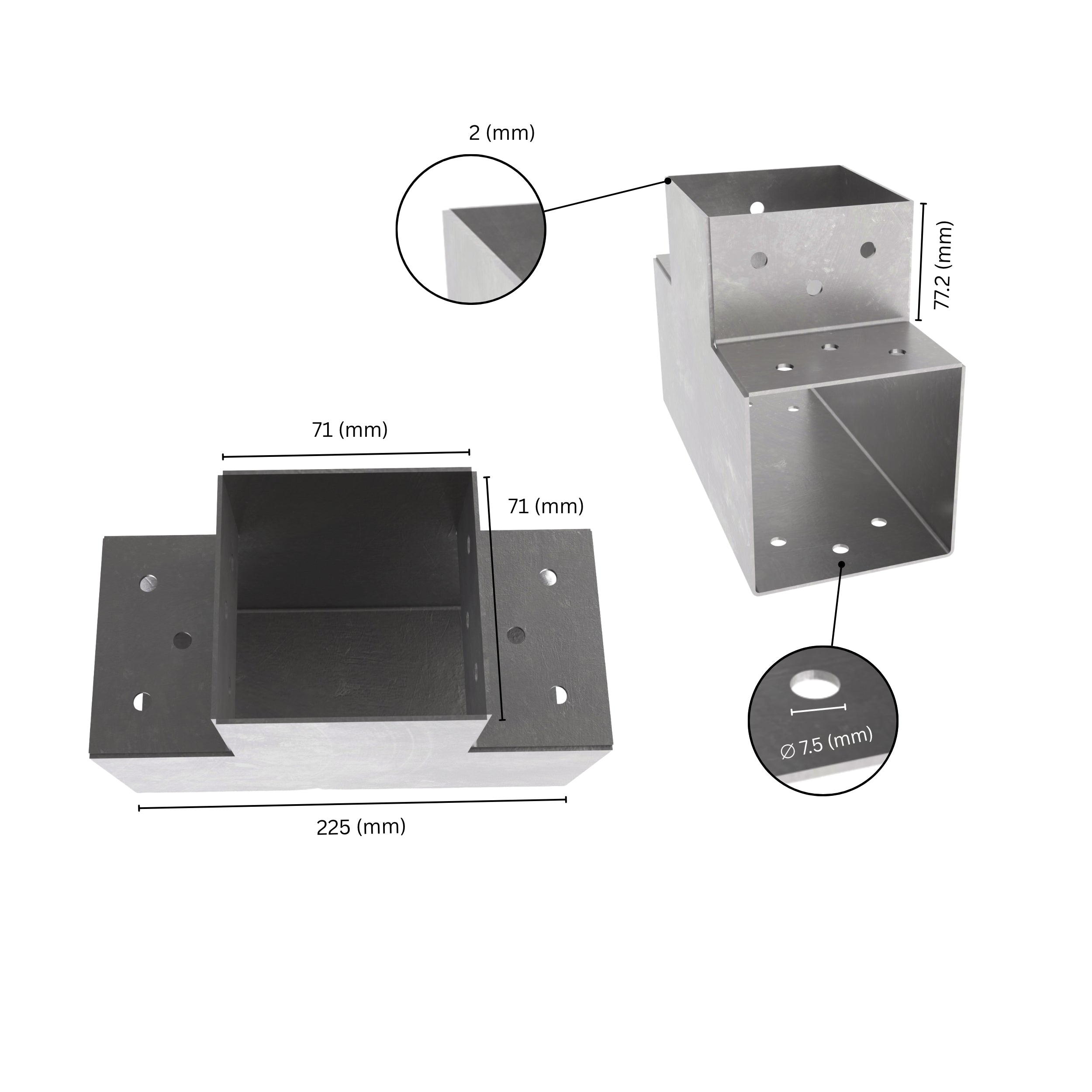 3 way post connector T shaped showing labeled dimensions, bracket size, length and thickness.