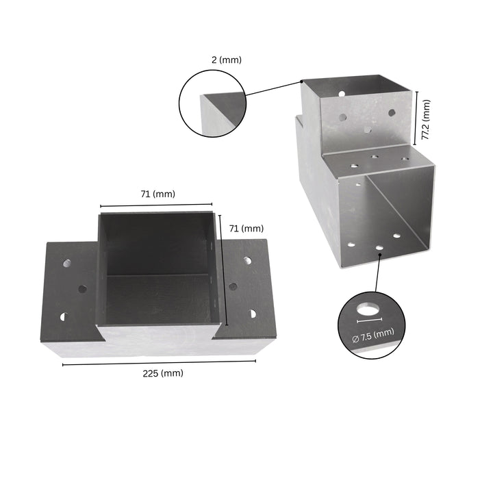3 way post connector T shaped showing labeled dimensions, bracket size, length and thickness.