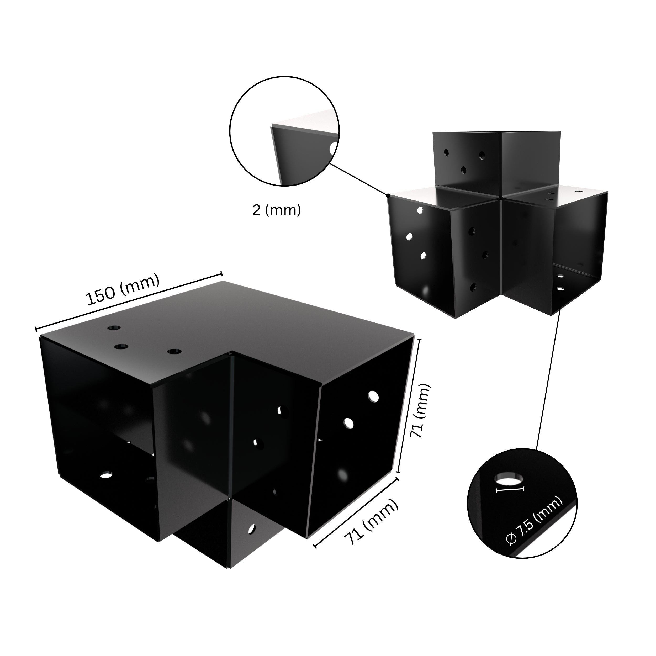 3 way post connector Y shaped showing labeled dimensions, bracket size, length and thickness.