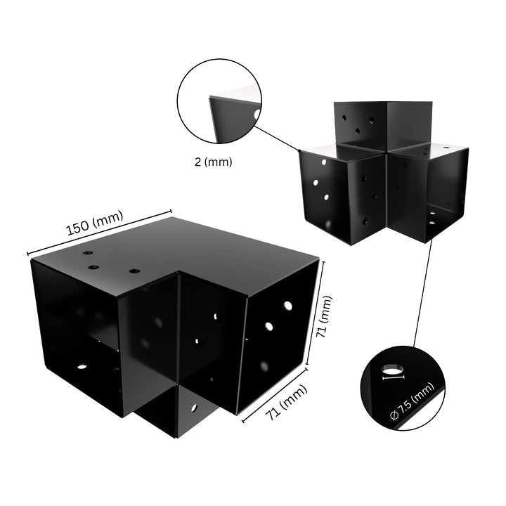 3 way post connector Y shaped showing labeled dimensions, bracket size, length and thickness.