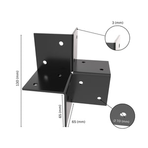 3-way open pergola corner connector bracket with labeled dimensions.