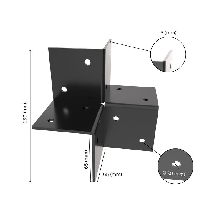  3-way open pergola corner connector bracket with labeled dimensions.