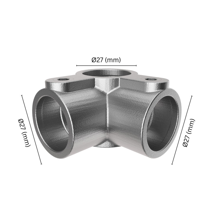 90° 3-way mid rail corner pipe clamp 27 mm with labeled dimensions.
