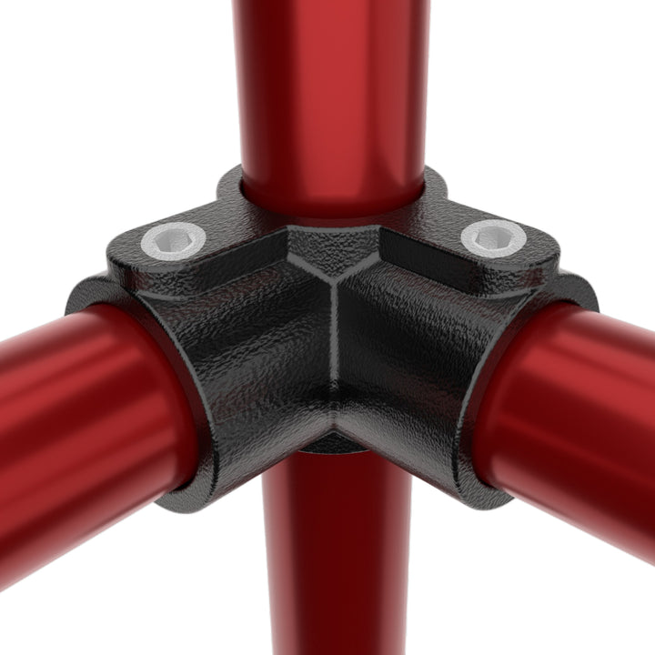 3-way through corner tube clamp joining three tubular pipes.