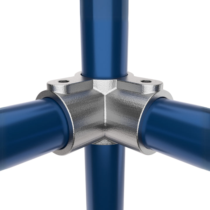 3-way through corner tube clamp joining three tubular pipes.