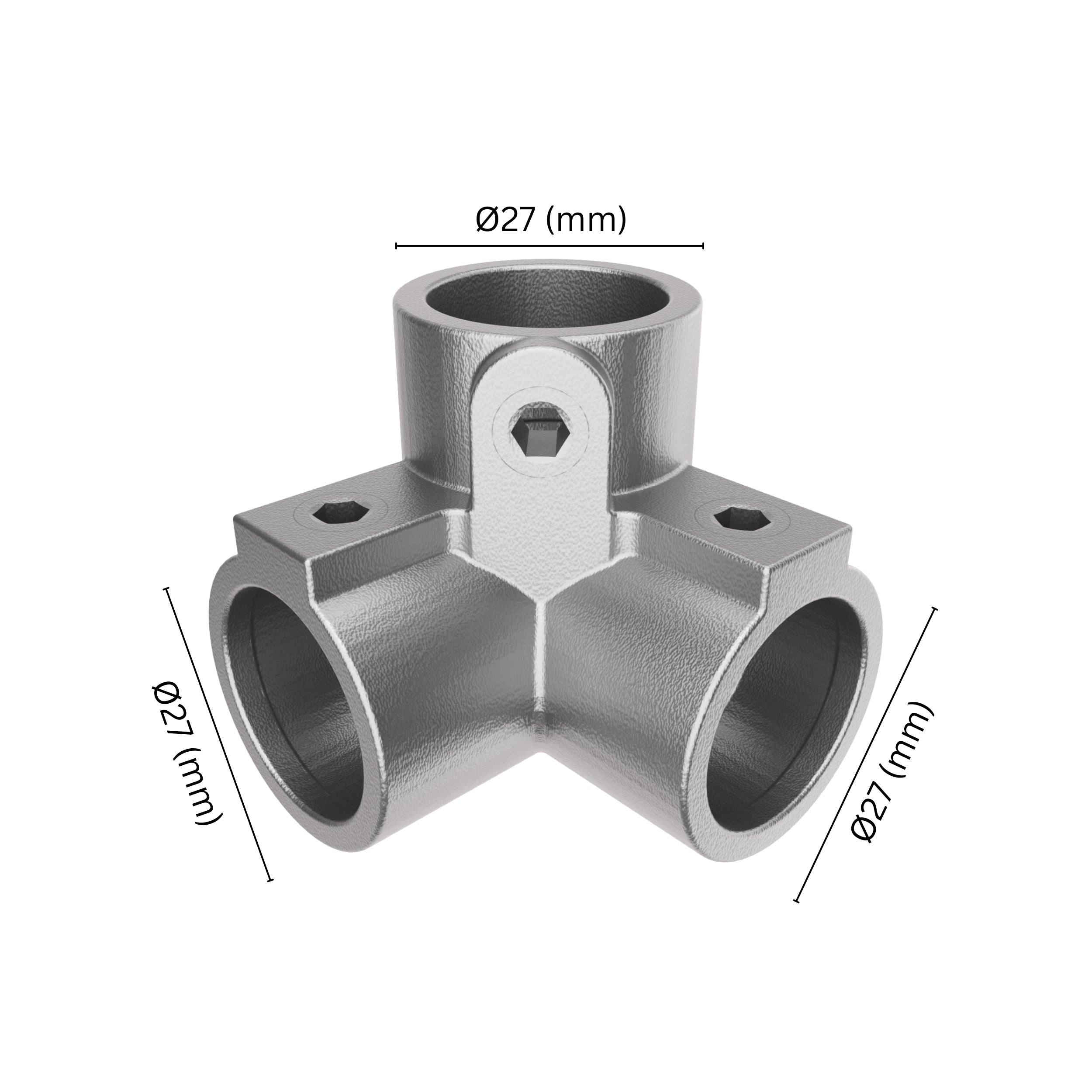 90° 3-way corner pipe clamp 27 mm with labeled dimensions.