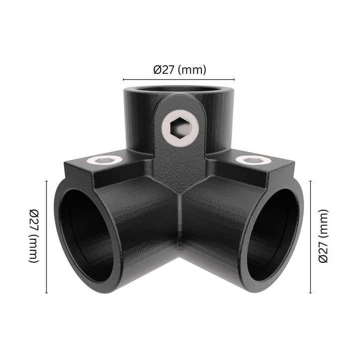 90° 3-way corner pipe clamp 27 mm with labeled dimensions.