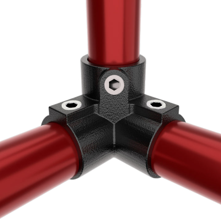 3-way corner tube clamp joining three pipes at right angles.