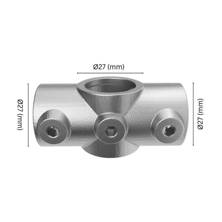 Two Socket Cross Tube Clamp 27 mm with labeled dimensions.