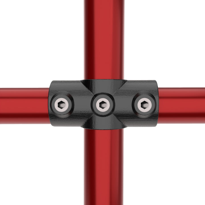Two socket cross key clamp fitting joining three tubular pipes in a cross configuration.