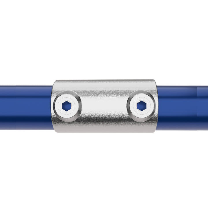 Straight inline external tube clamp connecting two tubular pipes in a straight line.