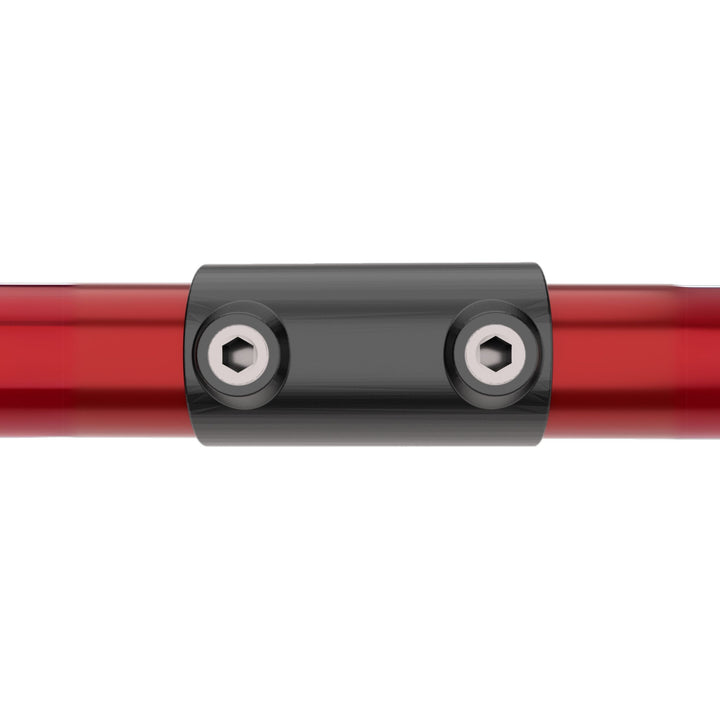 Straight inline external tube clamp connecting two tubular pipes in a straight line.