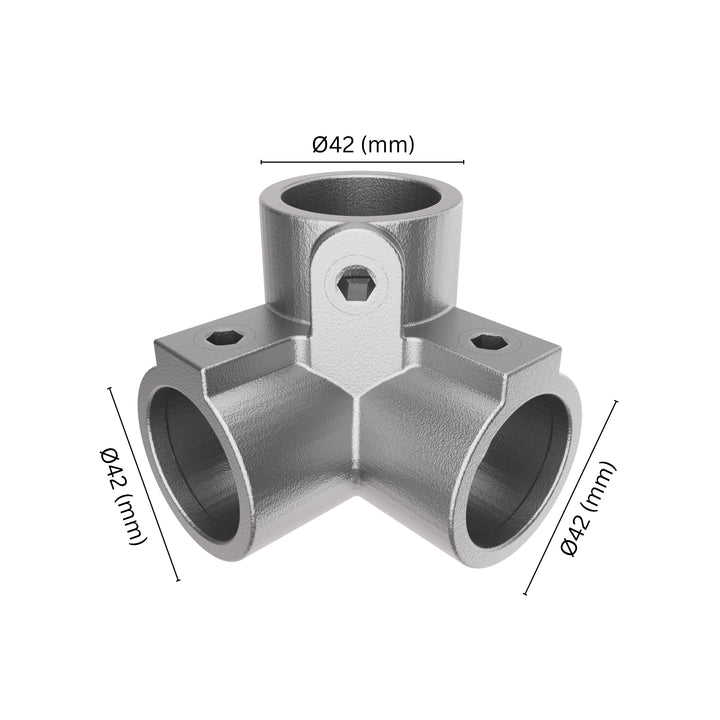 90° 3-way corner pipe clamp 42 mm with labeled dimensions.