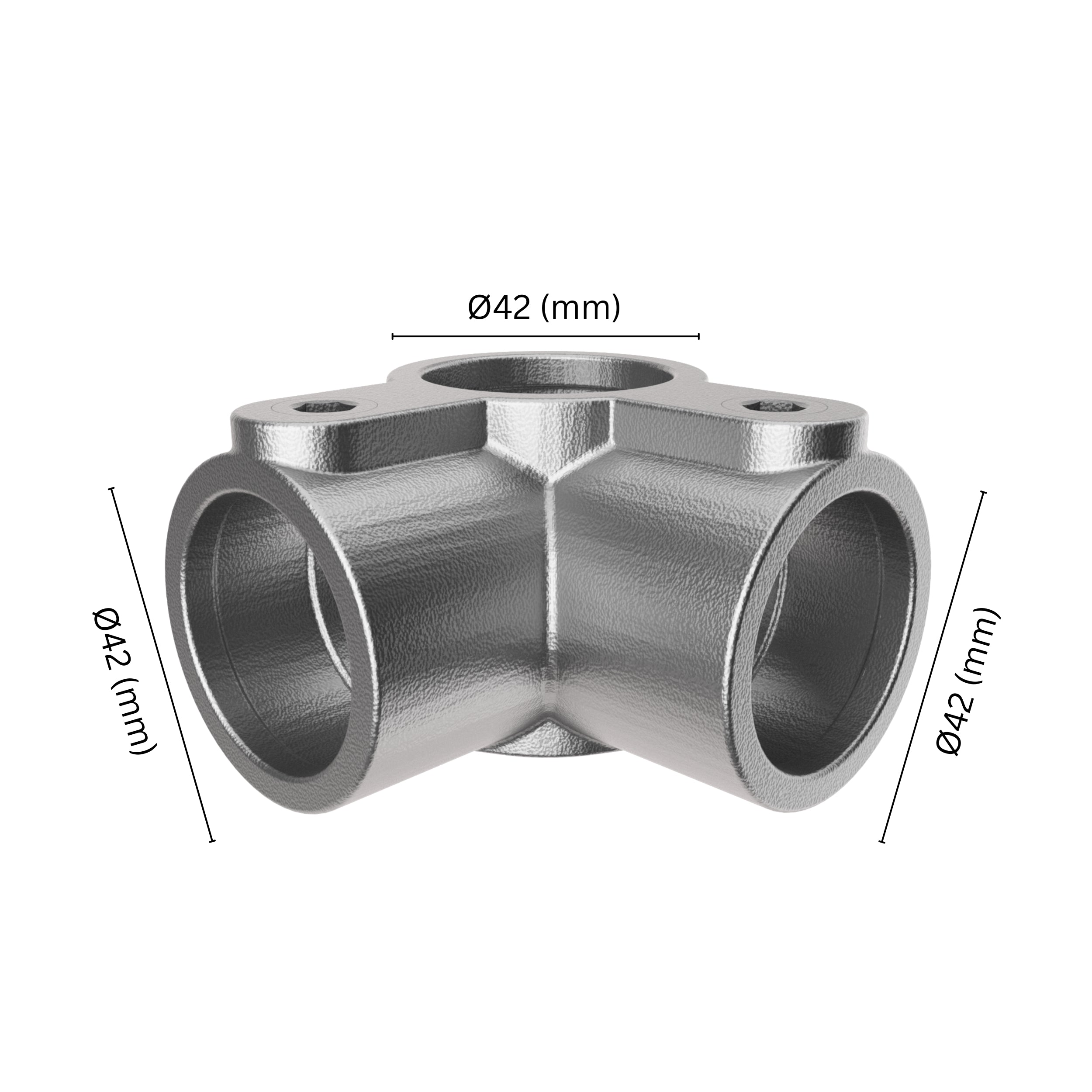 90° 3-way mid rail corner pipe clamp 42 mm with labeled dimensions.