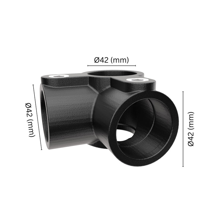 90° 3-way mid rail corner pipe clamp 42 mm with labeled dimensions.