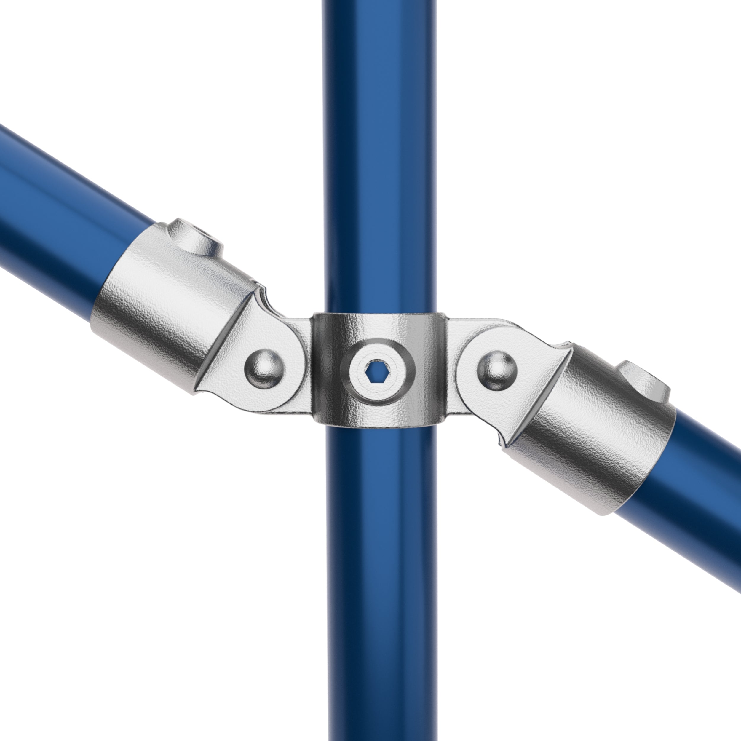 Double inline swivel connector clamp joining one vertical tube with two tubes at adjustable angles.