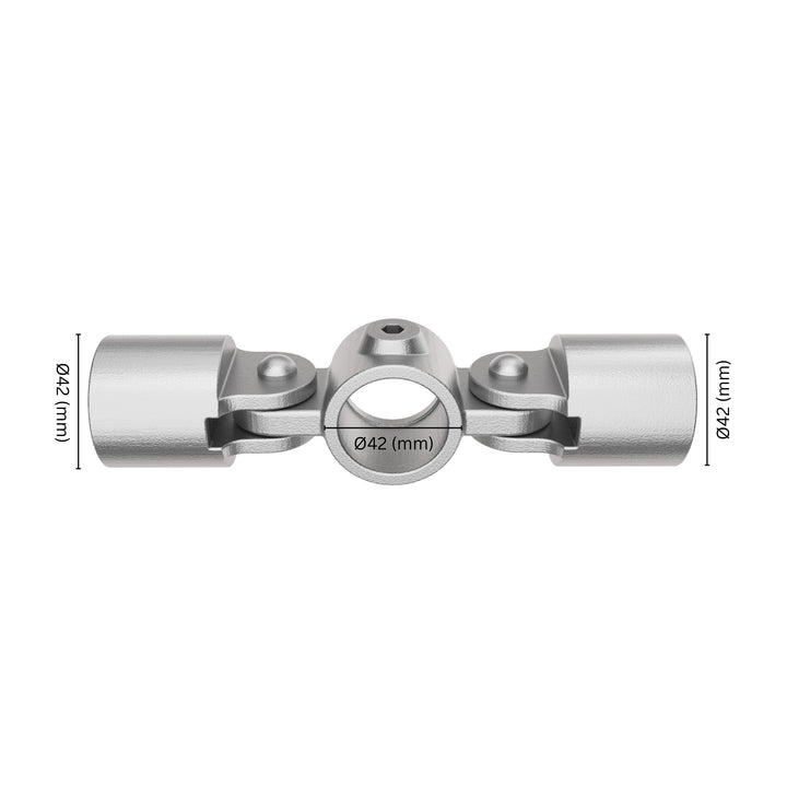 Double Inline Swivel Combination Clamp fitting 42 mm with labeled dimension.