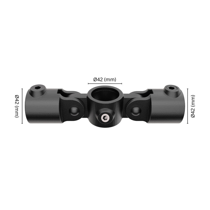 Double Inline Swivel Combination Clamp fitting 42 mm with labeled dimension.