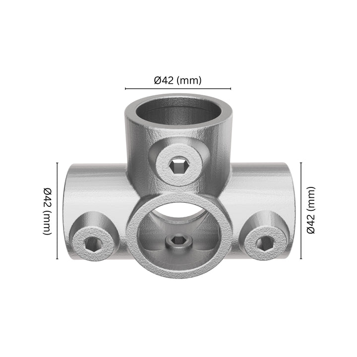 3-way outlet tee tube clamp fitting 42 mm with labeled dimension.
