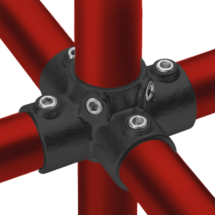 4-way cross tube clamp joining five tubular pipes in multiple directions.