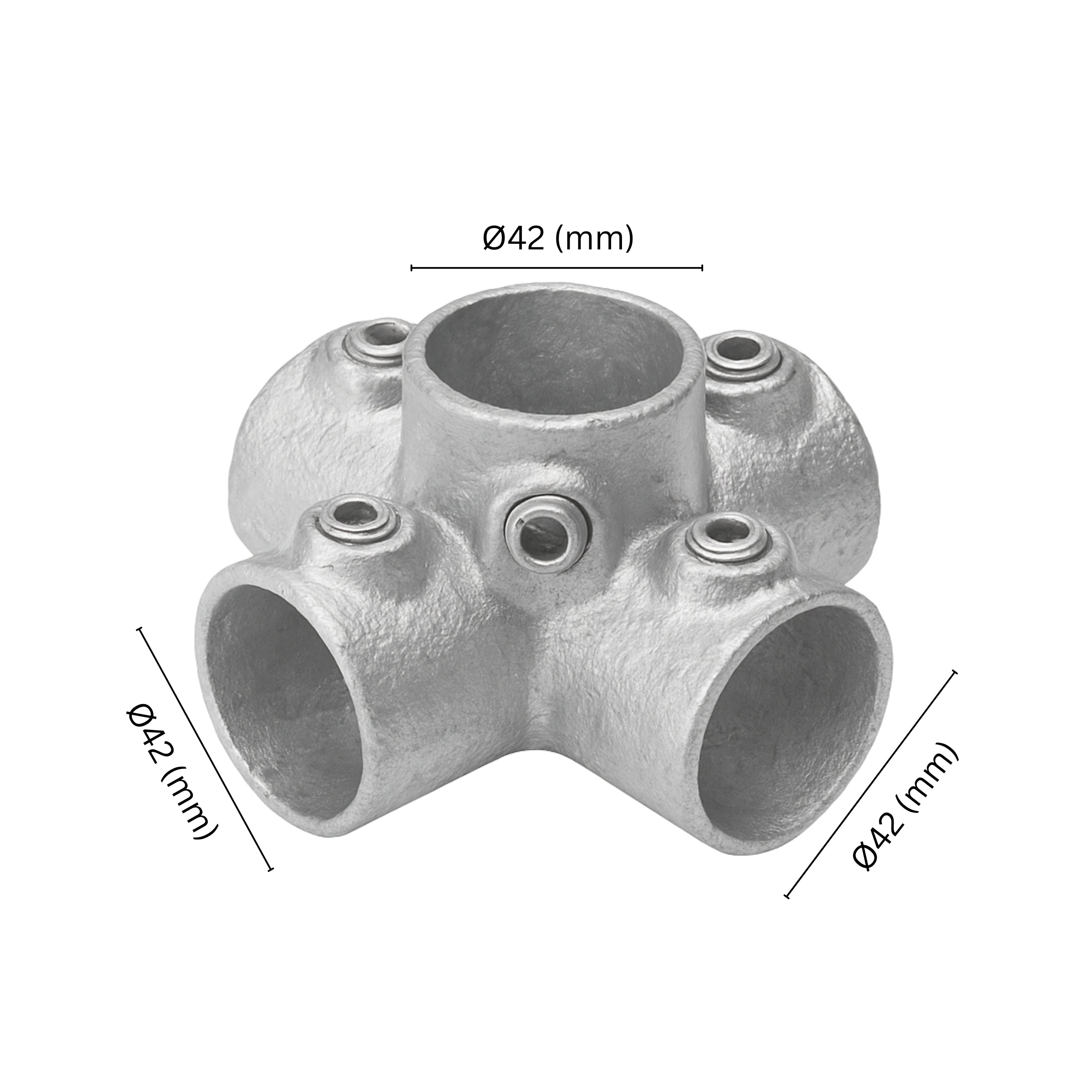 4-way cross tube clamp fitting 42 mm with labeled dimension.