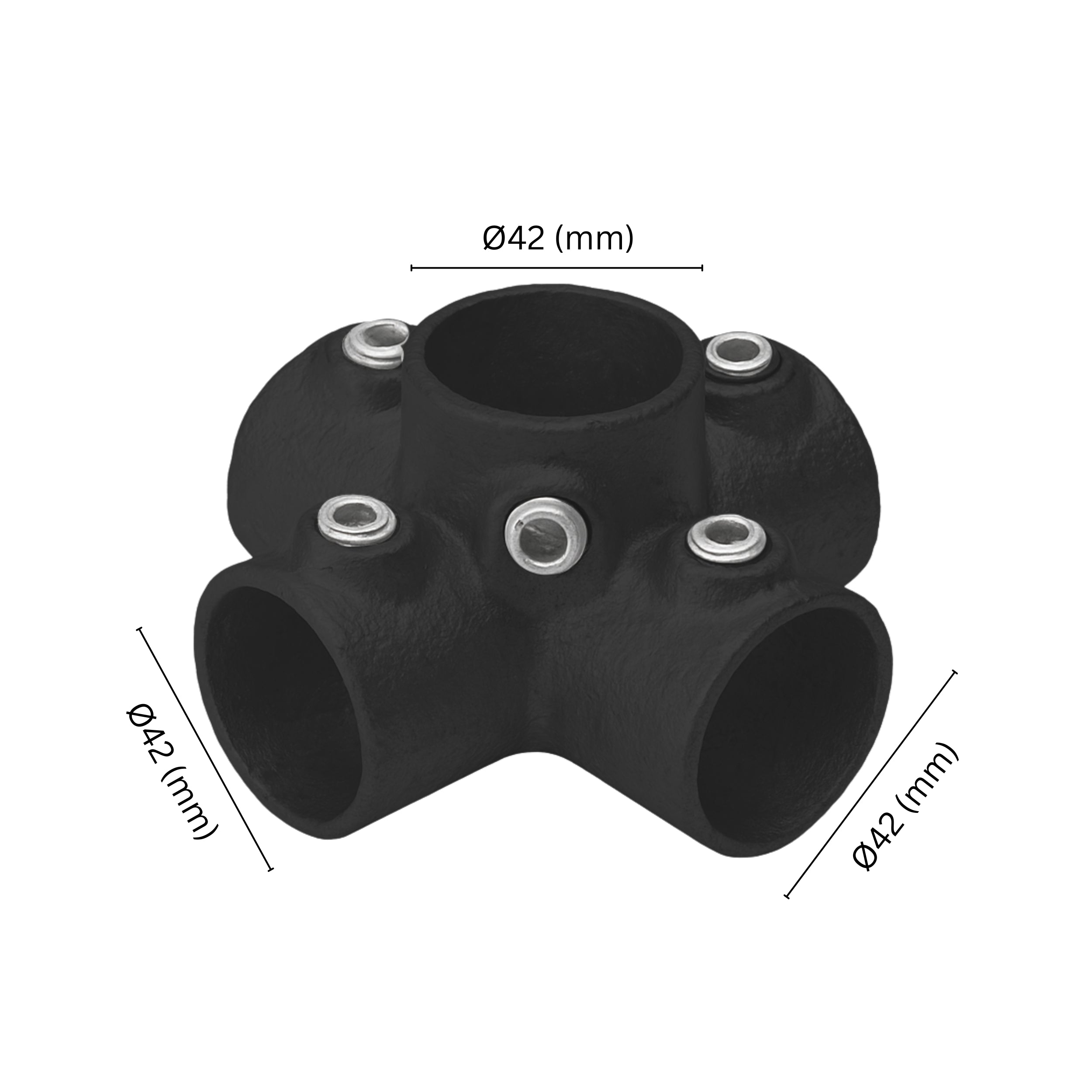 4-way cross tube clamp fitting 42 mm with labeled dimension.