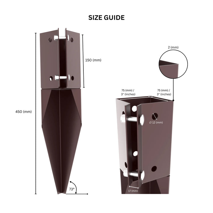Swift Clamp fence repair spur with labeled dimensions.
