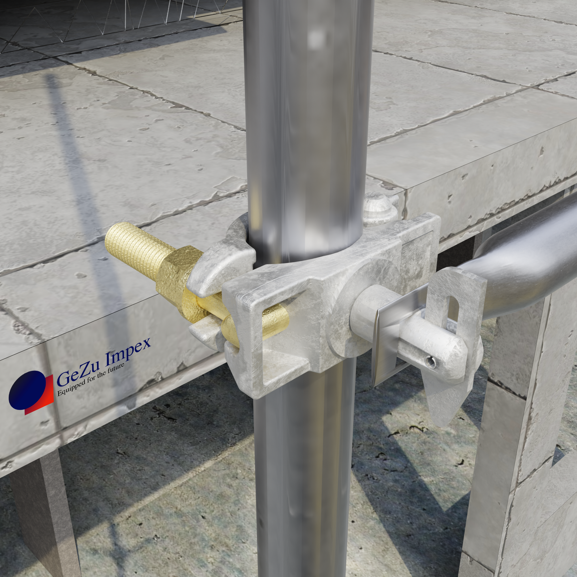Scaffolding coupler with tilt pin connecting vertical and horizontal scaffold tubes.