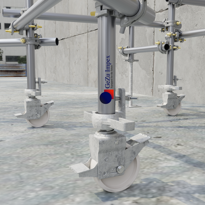 Scaffold frames mounted on heavy-duty adjustable scaffold caster wheels placed on a concrete surface.
