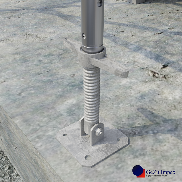 Scaffold swivel screw jack base plate attached to scaffold frame on a concrete surface.