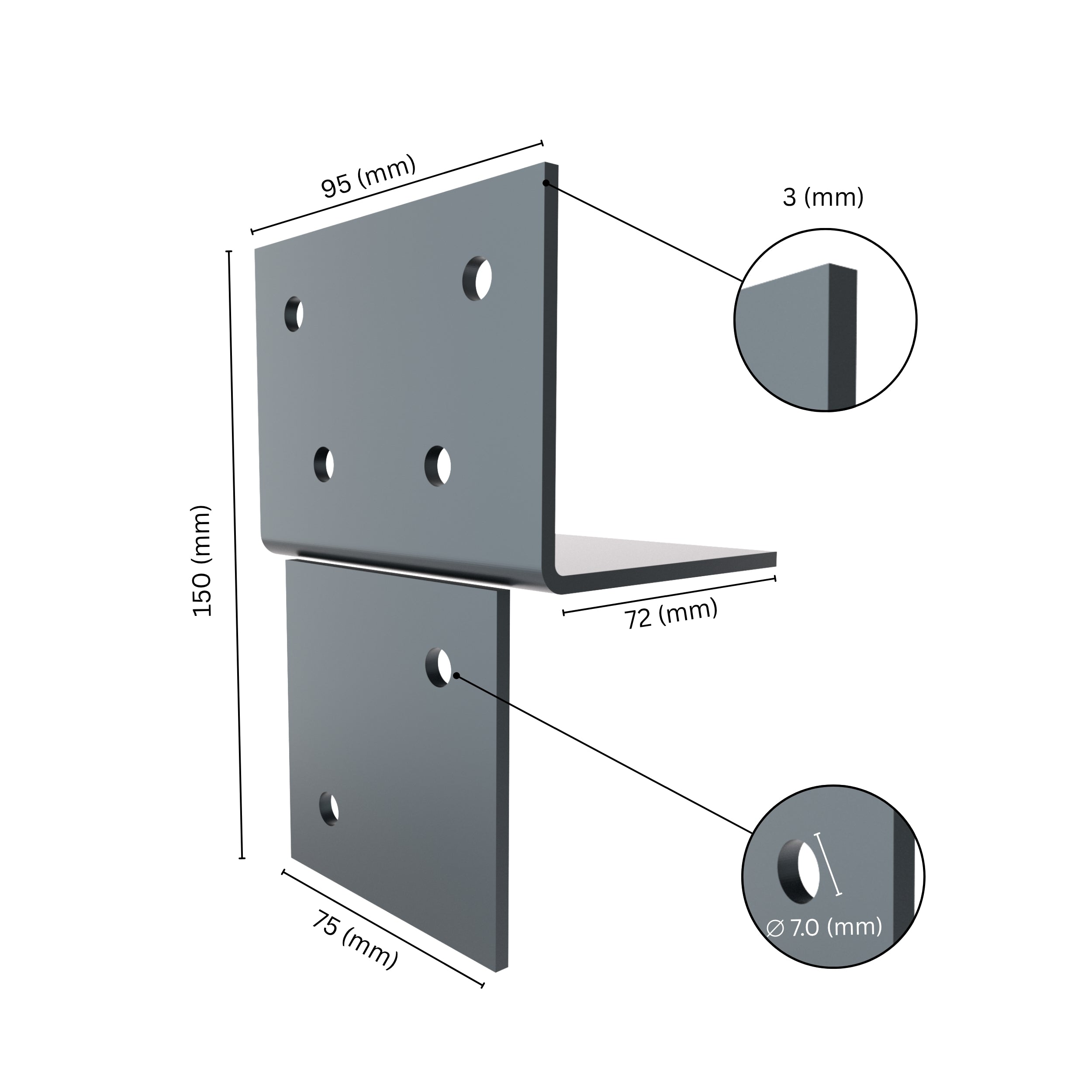 Wood connector T angle bracket with labeled dimensions.