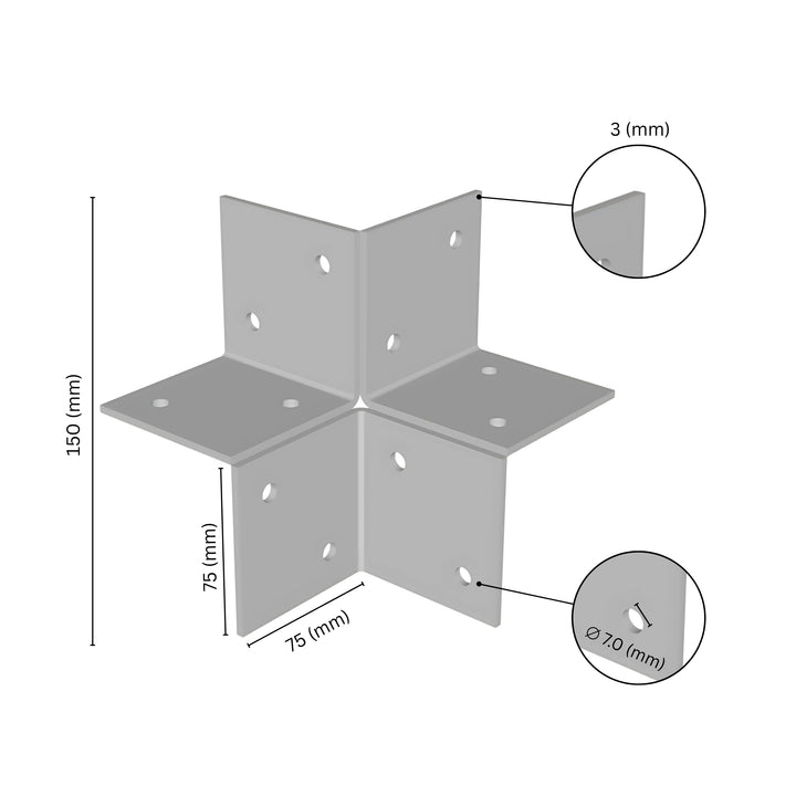  3-way open pergola corner connector bracket with labeled dimensions.